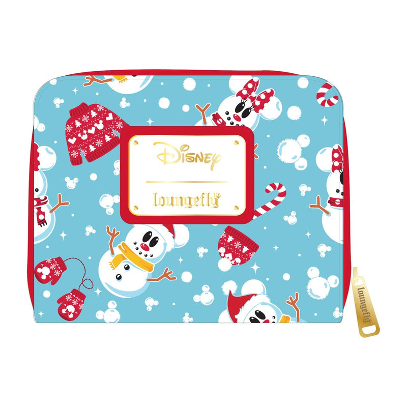 LOUNGEFLY DISNEY SNOWMAN MICKEY AND MINNIE MOUSE ZIP AROUND WALLET