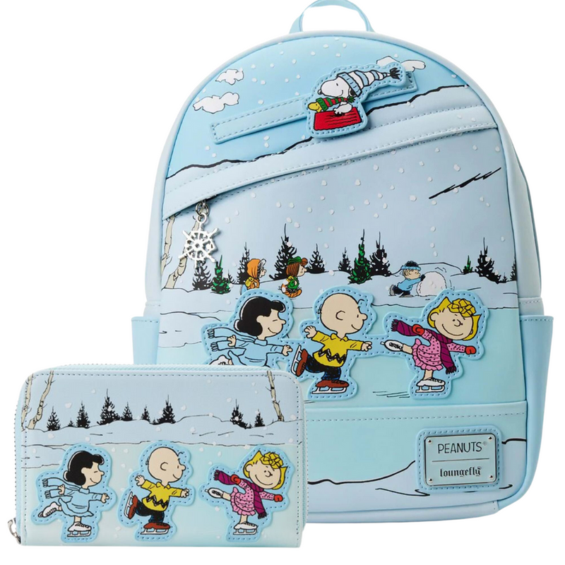 LOUNGEFLY PEANUTS CHARLIE BROWN ICE SKATING MINI BACKPACK AND WALLET COMBO