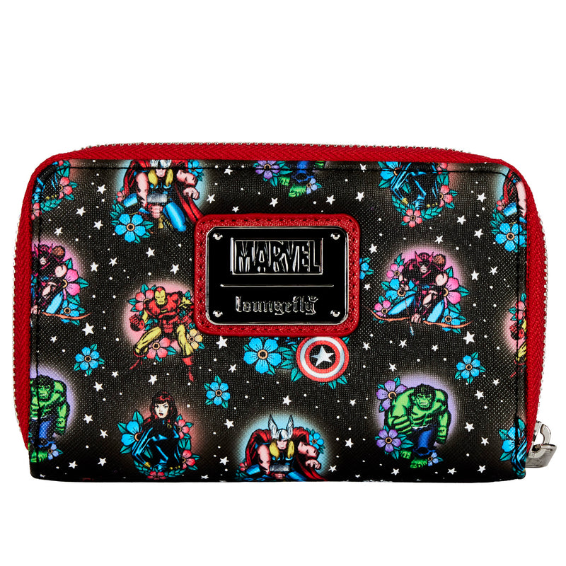 LOUNGEFLY DISNEY Avengers Floral Tattoo Zip Around Wallet