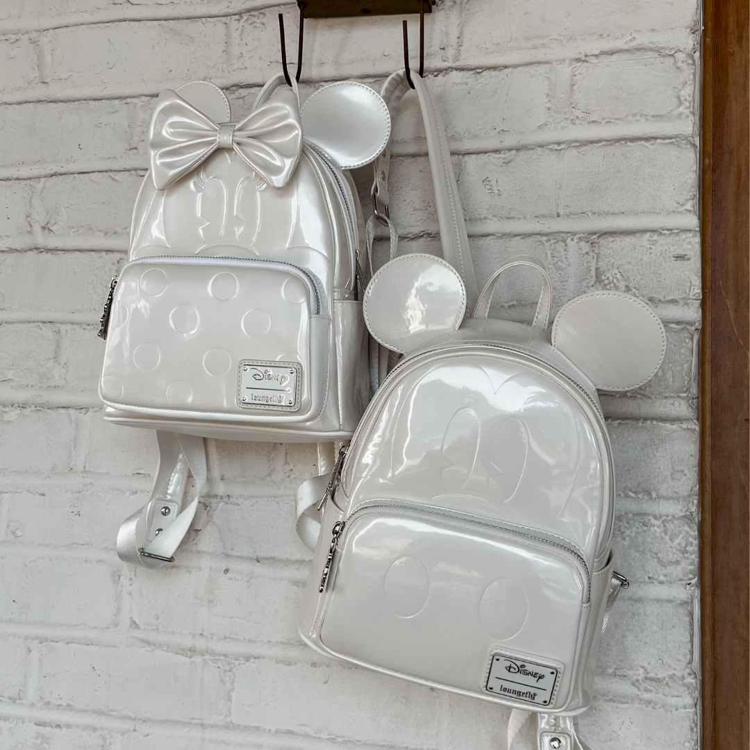 LOUNGEFLY X COLLECTORS OUTLET EXCLUSIVE DISNEY PEARL MICKEY & MINNIE MOUSE MINI BACKPACK SET IN STOCK!