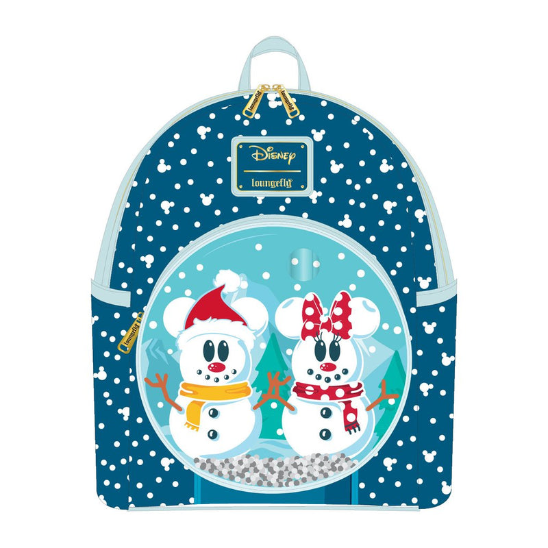 LOUNGEFLY DISNEY SNOWMAN MICKEY AND MINNIE MOUSE SNOW GLOBE MINI BACKPACK