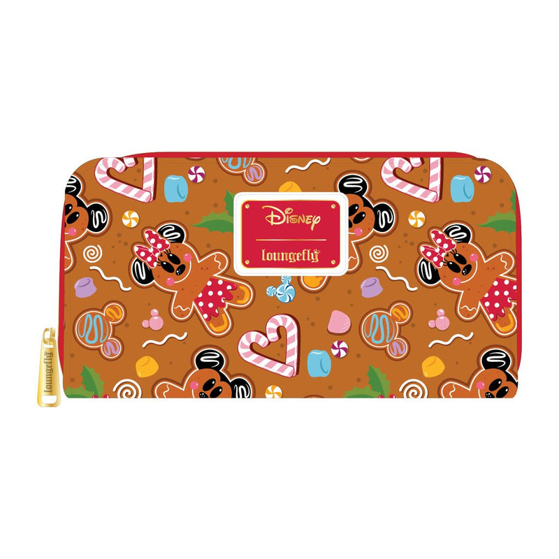 LOUNGEFLY DISNEY GINGERBREAD MICKEY AND MINNIE MOUSE ZIP AROUND WALLET
