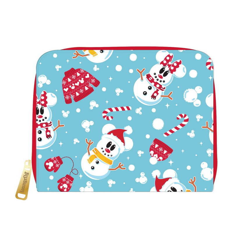 LOUNGEFLY DISNEY SNOWMAN MICKEY AND MINNIE MOUSE ZIP AROUND WALLET