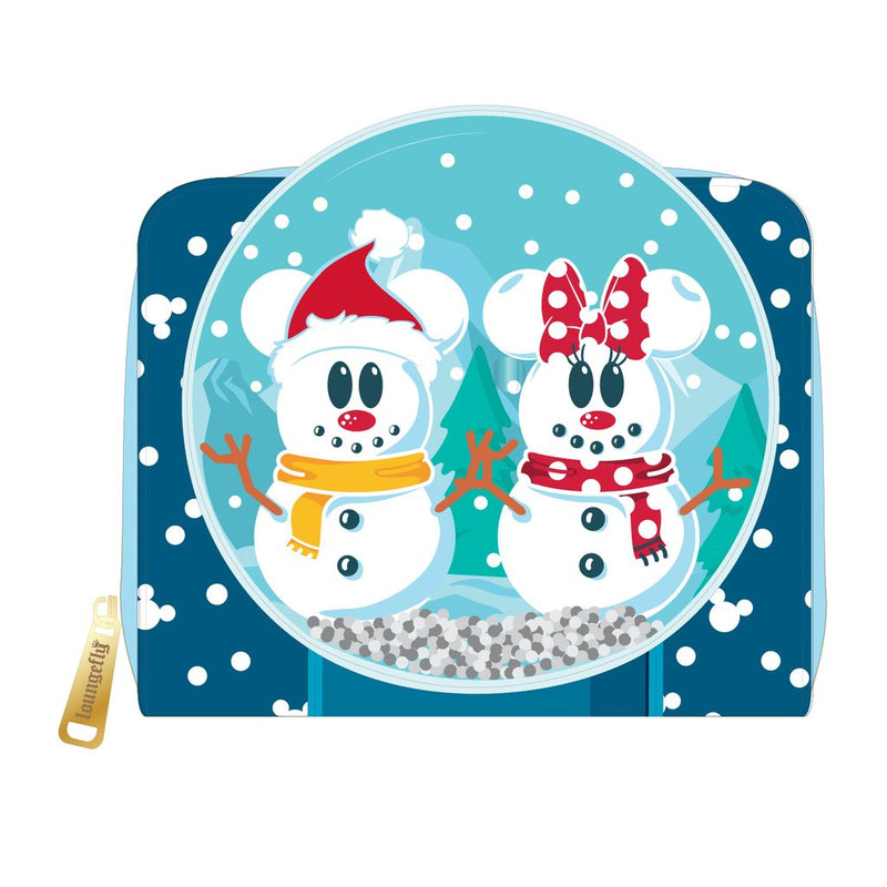LOUNGEFLY DISNEY SNOWMAN MICKEY AND MINNIE MOUSE SNOW GLOBE ZIP AROUND WALLET