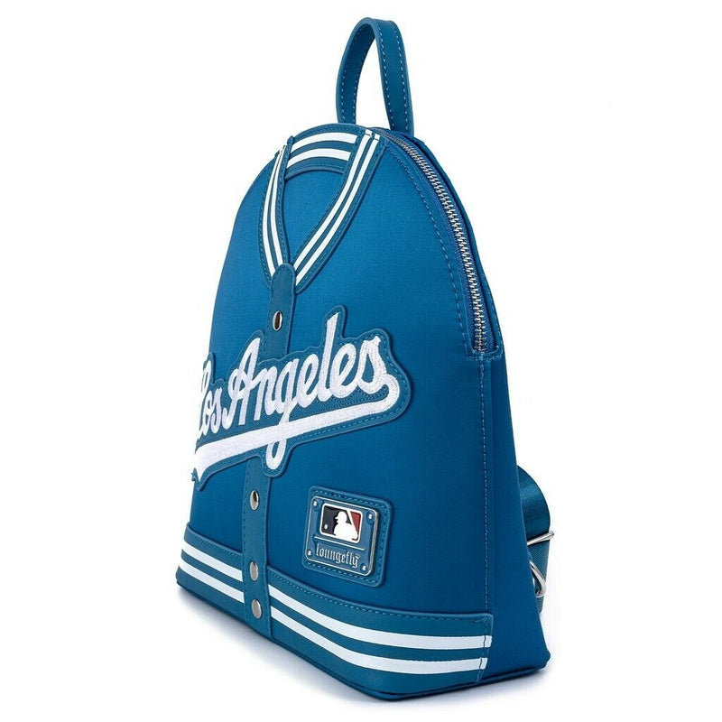 LOUNGEFLY MLB LOS ANGELES DODGERS SATIN CHENILLE LOGO JACKET CONVERTIBLE MINI BACKPACK